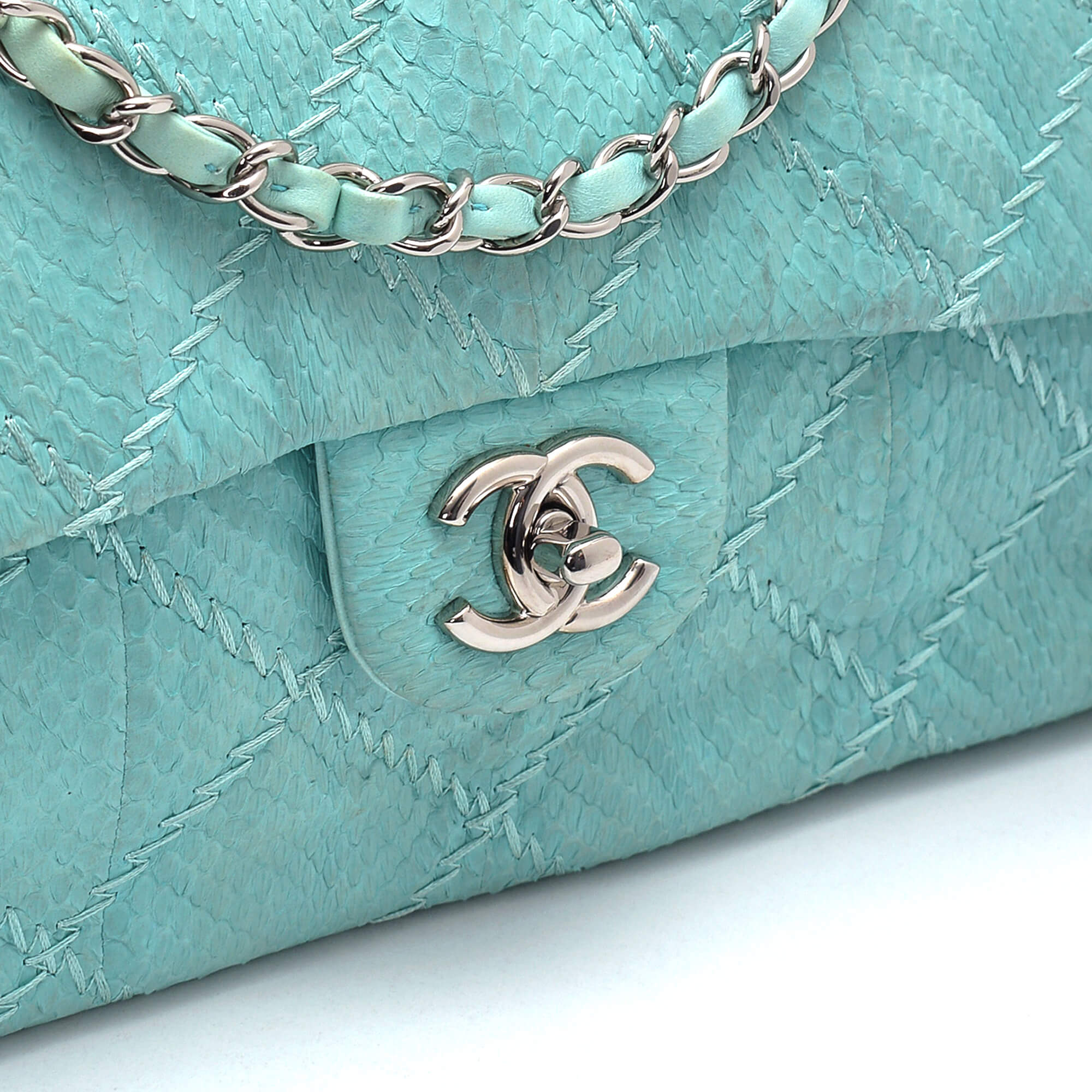 Chanel - Nile Green Python Leather East West Classic Flap Bag 